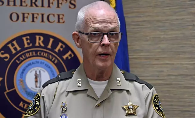 Deputy Gilbert Acciardo, public information officer with the Laurel County Sheriff's Office, gives details Sunday, Sept. 8, 2024, on the progress of the investigation into the shooting along Interstate 75 on Saturday in London, Ky. (AP Photo/Timothy D. Easley)