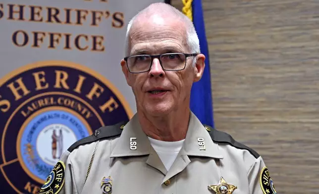 Deputy Gilbert Acciardo, public information officer with the Laurel County Sheriff's Office, gives details Sunday, Sept. 8, 2024, on the progress of the investigation into the shooting along Interstate 75 on Saturday in London, Ky. (AP Photo/Timothy D. Easley)