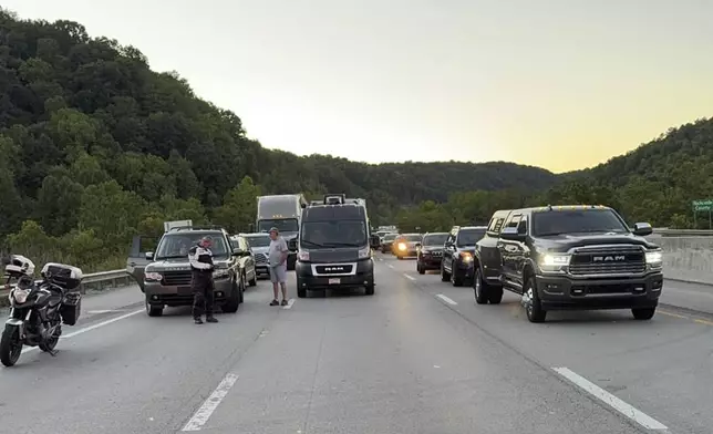 This image released by the Mount Vernon Fire Department shows traffic stopped during an active shooting on Interstate 75 north of London, Ky., Saturday, Sept. 7, 2024. (Camden Mink/Mount Vernon Fire Department via AP)