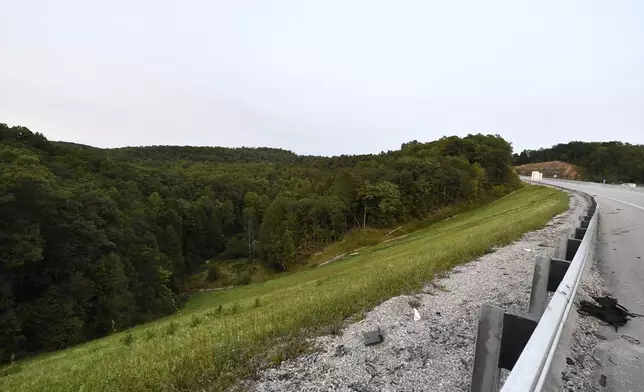 Trees stand in wooded areas alongside Interstate 75 near Livingston, Ky., Sunday, Sept. 8, 2024, as police search for a suspect in a shooting Saturday along the Interstate. (AP Photo/Timothy D. Easley)