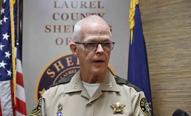 Deputy Gilbert Acciardo, public information officer with the Laurel County Sheriff's Office, gives details Sunday, Sept. 8, 2024, on the progress of the investigation into the shooting along Interstate 75 on Saturday in London, Ky. (AP Photo/Timothy D. Easley)