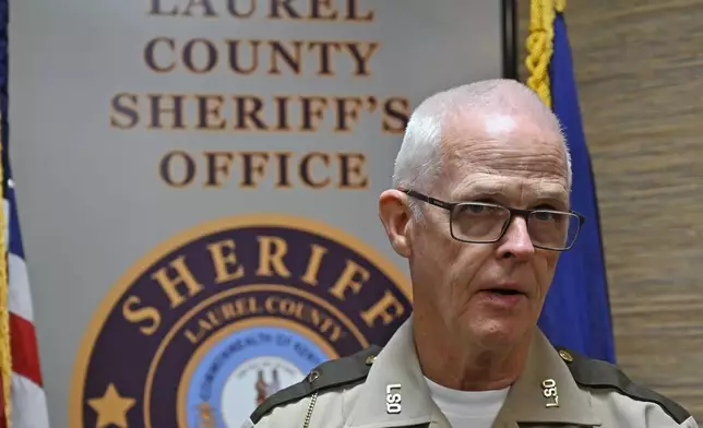 Deputy Gilbert Acciardo, public information officer with the Laurel County Sheriff's Office, gives details Sunday, Sept. 8, 2024, on the progress of the investigation into the shooting along Interstate 75 on Saturday in London, Ky. (AP Photo/Timothy D. Easley)