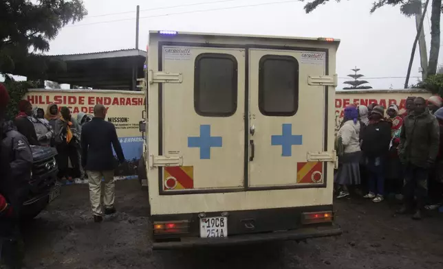 An ambulance drives inside the Hillside Endarasha Primary school following a fire incident in Nyeri, Kenya Friday, Sep. 6, 2024. (AP Photo)