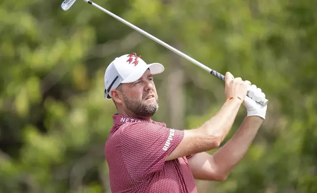 Marc Leishman, of Ripper GC, hits from the eighth tee during the final round of LIV Golf Team Championship Dallas at Maridoe Golf Club, Sunday, Sept. 22, 2024, in Carrollton, Texas. (Mateo Villalba/LIV Golf via AP)