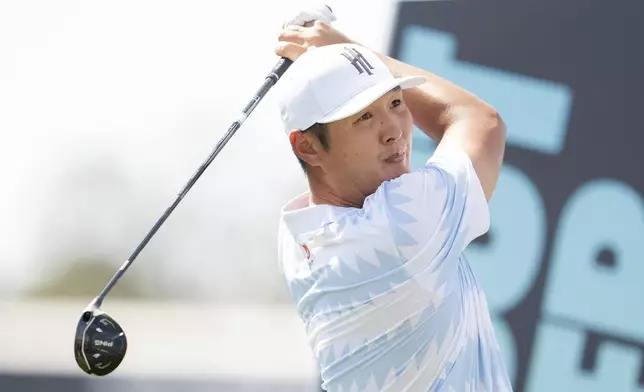 Danny Lee, of Iron Heads GC, hits from the fourth tee during the final round of LIV Golf Team Championship Dallas at Maridoe Golf Club, Sunday, Sept. 22, 2024, in Carrollton, Texas. (Mateo Villalba/LIV Golf via AP)