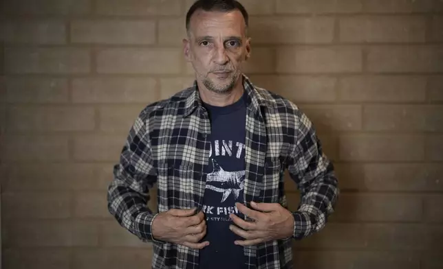 Mathieu Kassovitz poses after an interview with Associated Press, in Tremblay-en-France, Tuesday, Sept. 17, 2024. (AP Photo/Christophe Ena)