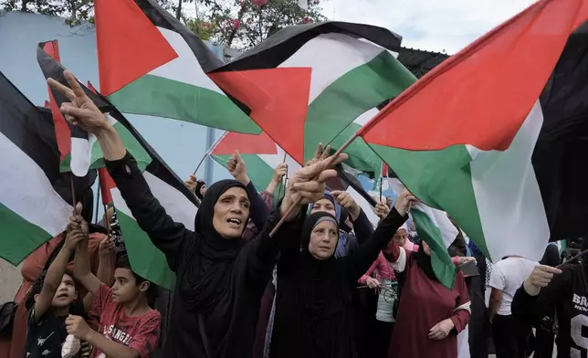 Palestinians in Lebanon wave their national flags during a protest in front of the United Nations Relief and Works Agency (UNRWA) headquarters in Beirut, Lebanon, Tuesday, Sept. 17, 2024. (AP Photo/Bilal Hussein)