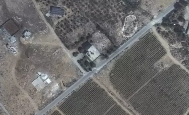 This satellite image released by Maxar Technologies shows a closer view of a building in Chouaghir, Lebanon, on Sept. 3, 2024, before airstrikes. (Satellite image ©2024 Maxar Technologies via AP)