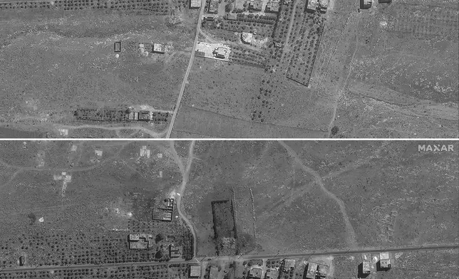 In this combination of the satellite images released by Maxar Technologies shows a view of northern Lebanon, on Aug. 9, 2024, before airstrikes, top, and on Sept. 26, 2024, after airstrikes. (Satellite image ©2024 Maxar Technologies via AP)