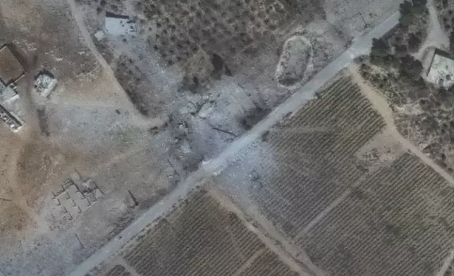 This satellite image released by Maxar Technologies shows a closer view of a building in Chouaghir, Lebanon, on Sept. 26, 2024, after airstrikes. (Satellite image ©2024 Maxar Technologies via AP)