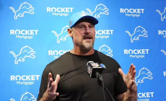 Detroit Lions head coach Dave Campbell talks to the media after an NFL football game against the Arizona Cardinals Sunday, Sept. 22, 2024, in Glendale, Ariz. (AP Photo/Ross D. Franklin)