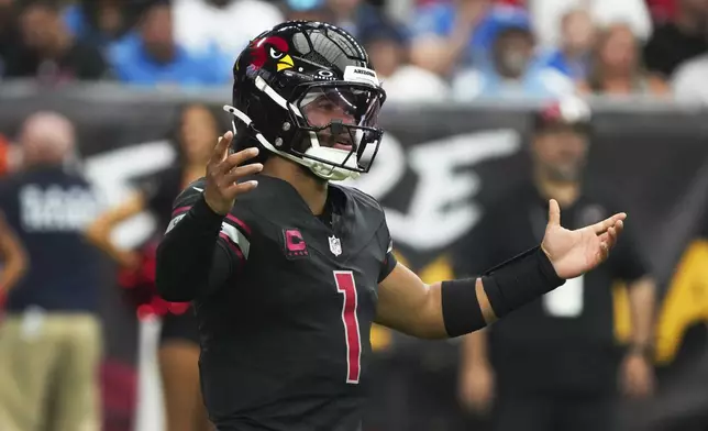 Arizona Cardinals quarterback Kyler Murray (1) reacts against the Detroit Lions during the first half of an NFL football game Sunday, Sept. 22, 2024, in Glendale, Ariz. (AP Photo/Rick Scuteri)