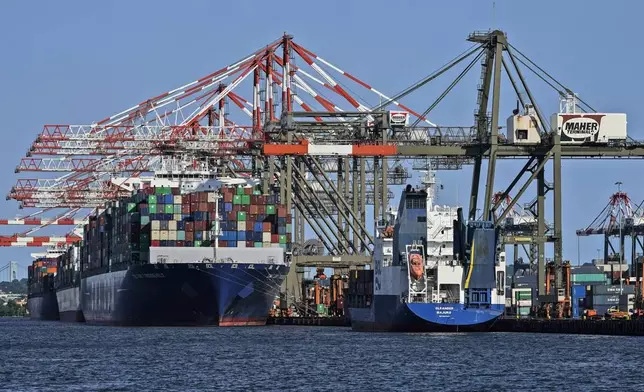 FILE - Container ships are docked at the Port of New York and New Jersey in Elizabeth, N.J., on May 20, 2021. (AP Photo/Seth Wenig, File)