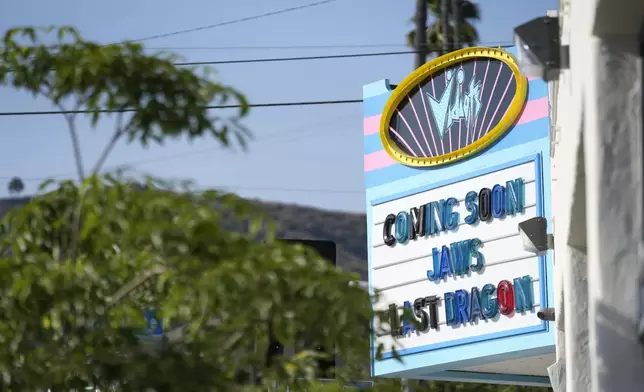 A marquee at the Eagle Theatre at Vidiots Foundation advertises screenings of "Jaws" and "Last Dragon," Tuesday, June 27, 2023, in Los Angeles. (AP Photo/Chris Pizzello)