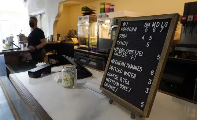 A list of concessions is pictured in the lobby of the Eagle Theatre at Vidiots Foundation, Tuesday, June 27, 2023, in Los Angeles. (AP Photo/Chris Pizzello)