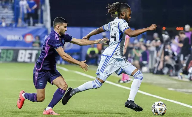 Charlotte forward Liel Abada (11) challenges Montreal's Raheem Edwards (44) during the first half of an MLS soccer match in Montreal, Saturday, Sept. 14, 2024. (Graham Hughes/The Canadian Press via AP)