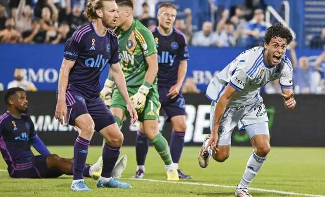 Montreal's Caden Clark (23) reacts after scoring against Charlotte during the first half of an MLS soccer match in Montreal, Saturday, Sept. 14, 2024. (Graham Hughes/The Canadian Press via AP)