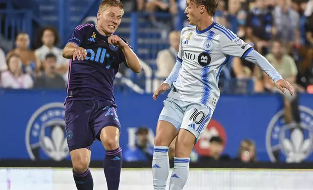 Charlotte's Jere Uronen, left, and Montreal midfielder Bryce Duke (10) go up for the ball during the first half of an MLS soccer match in Montreal, Saturday, Sept. 14, 2024. (Graham Hughes/The Canadian Press via AP)