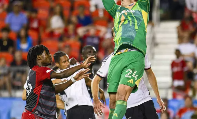 D.C. United goalkeeper Alex Bono (24) makes a save against Toronto FC during second-half MLS soccer match action in Toronto, Saturday, Aug. 31, 2024. (Christopher Katsarov/The Canadian Press via AP)