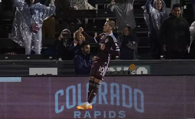 Colorado Rapids midfielder Djordje Mihailović celebrates after a goal against Toronto FC during the second half of an MLS soccer match Saturday, Sept. 21, 2024, in Commerce City, Colo. (AP Photo/Jack Dempsey)