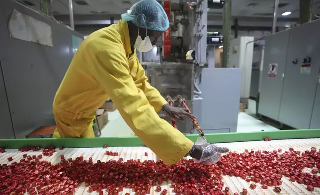 A worker checks bouillon cubes ahead of packaging at the Sweet Nutrition factory in Ota, Nigeria, Thursday, Sept. 12, 2024. (AP Photo/Sunday Alamba)