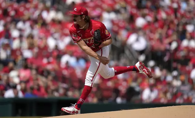 St. Louis Cardinals starting pitcher Miles Mikolas throws during the first inning of a baseball game against the Seattle Mariners Sunday, Sept. 8, 2024, in St. Louis. (AP Photo/Jeff Roberson)