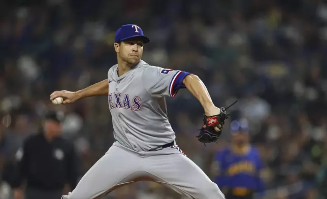 Texas Rangers' Jacob deGrom delivers against the Seattle Mariners during a baseball game Friday, Sept. 13, 2024, in Seattle. (Dean Rutz/The Seattle Times via AP)