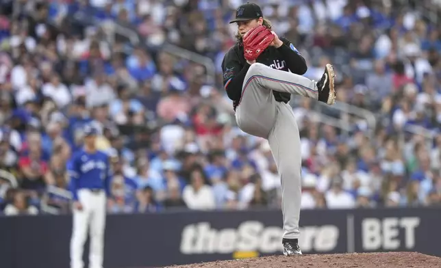 Miami Marlins pitcher Ryan Weathers works against Toronto Blue Jays during baseball game action in Toronto, Sunday, Sept. 29, 2024. (Chris Young/The Canadian Press via AP)