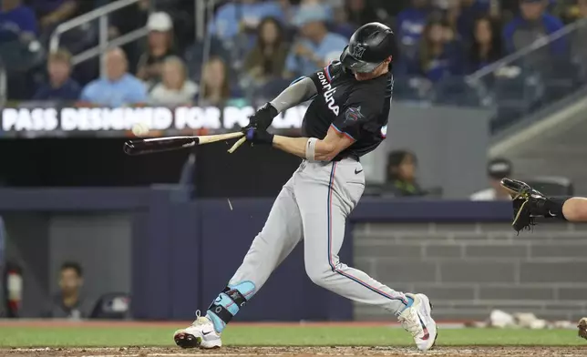 Miami Marlins' Griffin Conine breaks his bat on a two-run single during fourth-inning baseball game action against the Toronto Blue Jays in Toronto, Friday, Sept. 27, 2024. (Chris Young/The Canadian Press via AP)