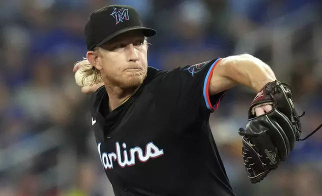 Miami Marlins pitcher Darren McCaughan works against the Toronto Blue Jays during the seventh of a baseball game in Toronto, Saturday, Sept. 28, 2024. (Chris Young/The Canadian Press via AP)