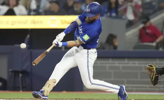 Toronto Blue Jays' Nathan Lukes hits a home run off Miami Marlins pitcher Xzavion Curry during first-inning baseball game action in Toronto, Saturday, Sept. 28, 2024. (Chris Young/The Canadian Press via AP)