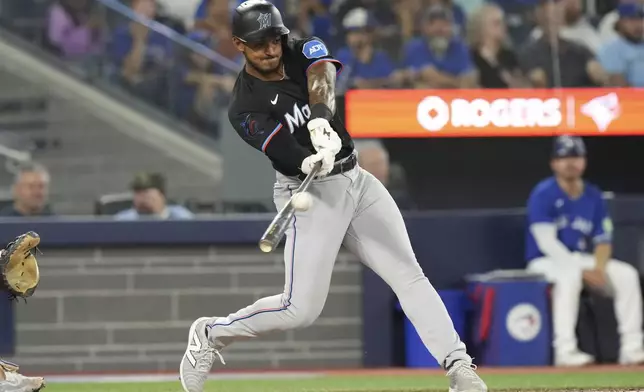 Miami Marlins' Dane Myers hits a two run double during the sixth inning of a baseball game against the Toronto Blue Jays in Toronto, Saturday, Sept. 28, 2024. (Chris Young/The Canadian Press via AP)