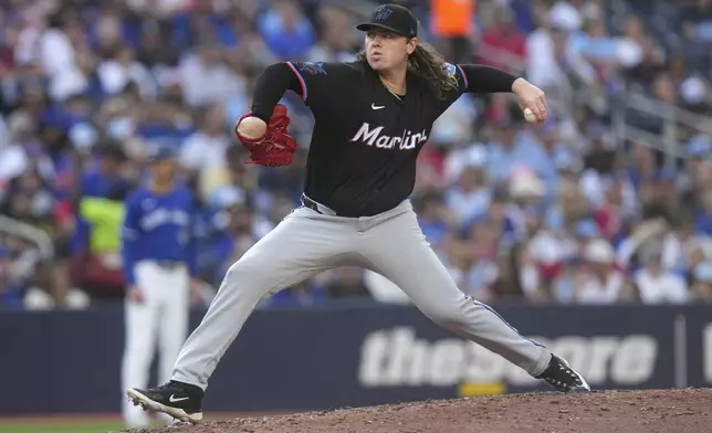 Miami Marlins pitcher Ryan Weathers works against the Toronto Blue Jays during baseball game action in Toronto, Sunday, Sept. 29, 2024. (Chris Young/The Canadian Press via AP)