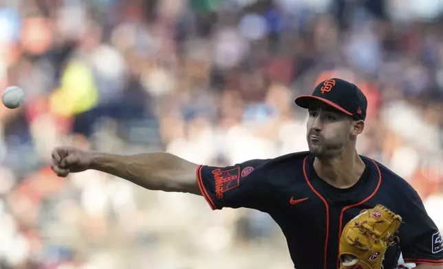 San Francisco Giants' Mason Black pitches to a Miami Marlins batter during the first inning of a baseball game, Saturday, Aug. 31, 2024, in San Francisco. (AP Photo/Godofredo A. Vásquez)