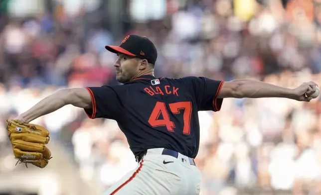 San Francisco Giants pitcher Mason Black throws to a Miami Marlins batter during the first inning of a baseball game, Saturday, Aug. 31, 2024, in San Francisco. (AP Photo/Godofredo A. Vásquez)