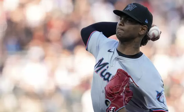 Miami Marlins' Edward Cabrera pitches to a San Francisco Giants batter during the first inning of a baseball game, Saturday, Aug. 31, 2024, in San Francisco. (AP Photo/Godofredo A. Vásquez)