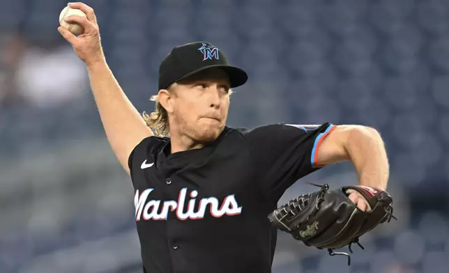 Miami Marlins staring pitcher Darren McCaughan throws during the first inning of a baseball game against the Washington Nationals, Thursday, Sept. 12, 2024, in Washington. (AP Photo/John McDonnell)