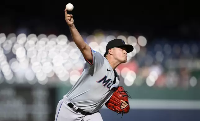 Miami Marlins starting pitcher Valente Bellozo throws during the first inning of a baseball game against the Washington Nationals, Saturday, Sept. 14, 2024, in Washington. (AP Photo/Nick Wass)