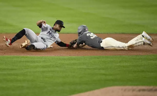 Miami Marlins second baseman Otto Lopez, left, tags out Washington Nationals' Jacob Young, right, who was attempting to steal second during the second inning of a baseball game, Friday, Sept. 13, 2024, in Washington. (AP Photo/Nick Wass)