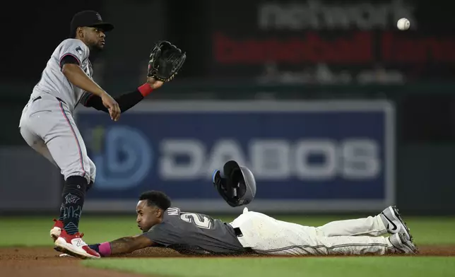 Washington Nationals' Nasim Nunez, bottom, steals second base against Miami Marlins second baseman Otto Lopez, top, during the fifth inning of a baseball game, Friday, Sept. 13, 2024, in Washington. (AP Photo/Nick Wass)