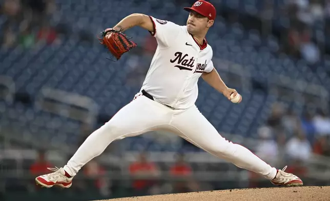 Washington Nationals starting pitcher Mitchell Parker throws through during the first inning of a baseball game against the Miami Marlins, Thursday, Sept. 12, 2024, in Washington. (AP Photo/John McDonnell)