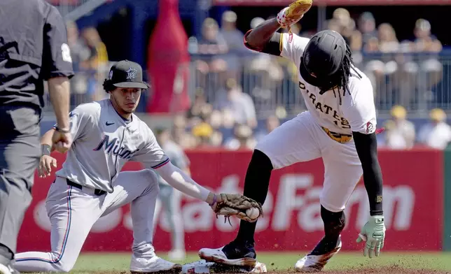 Pittsburgh Pirates' Oneil Cruz, right, steals second base ahead of the tag by Miami Marlins second baseman Javier Sanoja, during the first inning of a baseball game Wednesday, Sept. 11, 2024, in Pittsburgh. (AP Photo/Matt Freed)