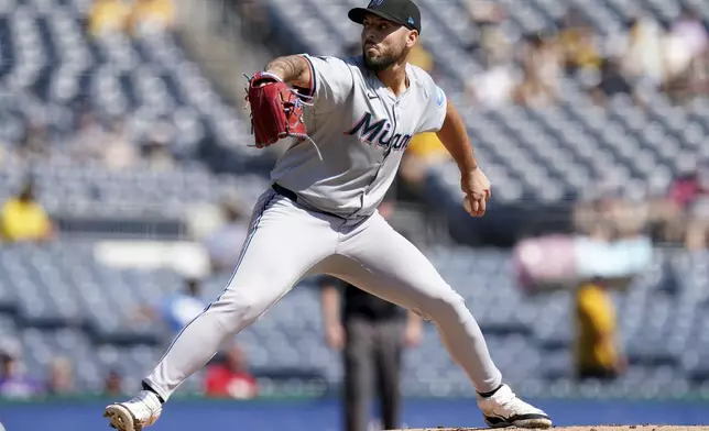 Maimi Marlins starting pitcher Jonathan Bermudez delivers during the first inning of a baseball game against the Pittsburgh Pirates, Wednesday, Sept. 11, 2024, in Pittsburgh. (AP Photo/Matt Freed)