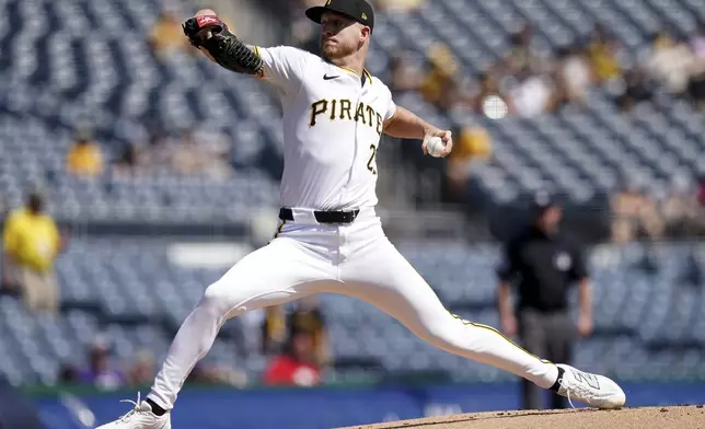 Pittsburgh Pirates starting pitcher Bailey Falter delivers during the first inning of a baseball game against the Miami Marlins, Wednesday, Sept. 11, 2024, in Pittsburgh. (AP Photo/Matt Freed)