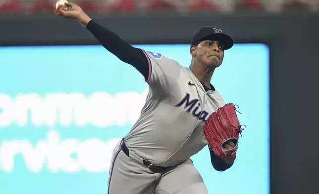 Miami Marlins starting pitcher Edward Cabrera throws against the Minnesota Twins during the first inning of a baseball game, Wednesday, Sept. 25, 2024, in Minneapolis. (AP Photo/Craig Lassig)