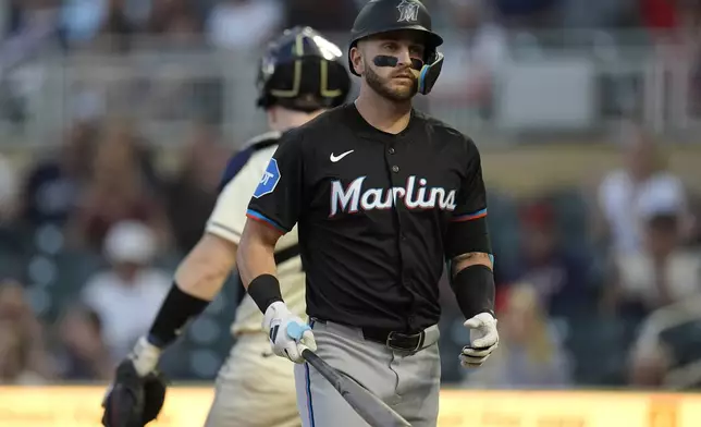 Miami Marlins' Connor Norby walks back to the dugout after striking out during the first inning of a baseball game against the Minnesota Twins, Thursday, Sept. 26, 2024, in Minneapolis. (AP Photo/Abbie Parr)