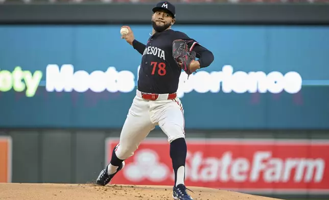 Minnesota Twins starting pitcher Simeon Woods Richardson throws against the Miami Marlins during the first inning of a baseball game, Wednesday, Sept. 25, 2024, in Minneapolis. (AP Photo/Craig Lassig)
