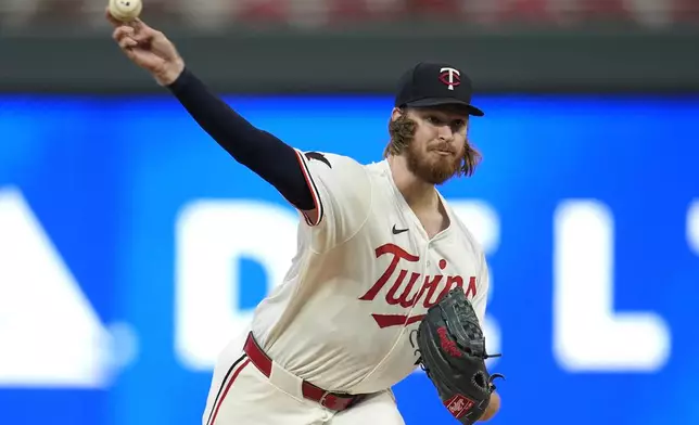 Minnesota Twins starting pitcher Bailey Ober (17) delivers during the second inning of a baseball game against the Miami Marlins, Tuesday, Sept. 24, 2024, in Minneapolis. (AP Photo/Abbie Parr)