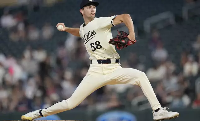 Minnesota Twins starting pitcher David Festa (58) delivers during the second inning of a baseball game against the Miami Marlins, Thursday, Sept. 26, 2024, in Minneapolis. (AP Photo/Abbie Parr)