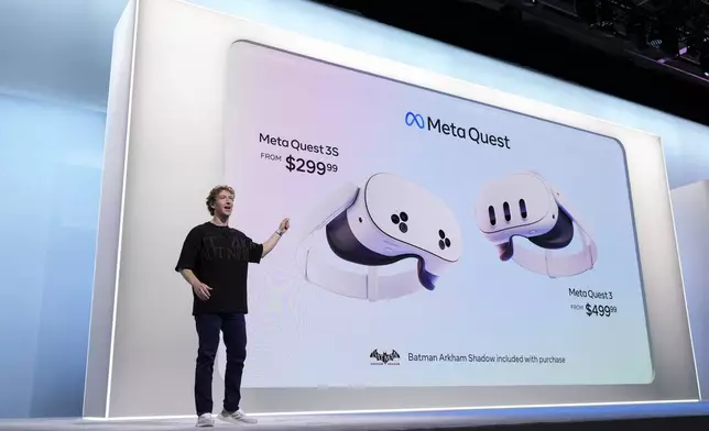 Mark Zuckerberg talks about the Meta Quest 3S during the Meta Connect conference Wednesday, Sept. 25, 2024, in Menlo Park, Calif. (AP Photo/Godofredo A. Vásquez)